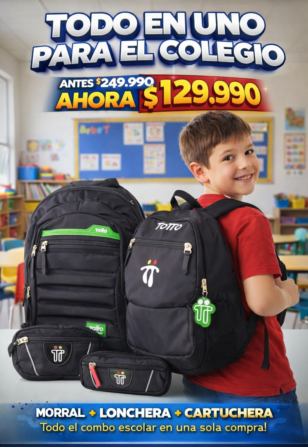 Combo Escolar X3 -Morral +Lonchera+Multiuso